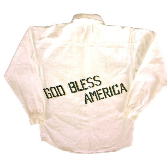 4TH OF JULY DENIM SHIRT SIZE L ALL OVER PRINT GOD BLESS AMERICA USA MADE MENS - Picture 3 of 6